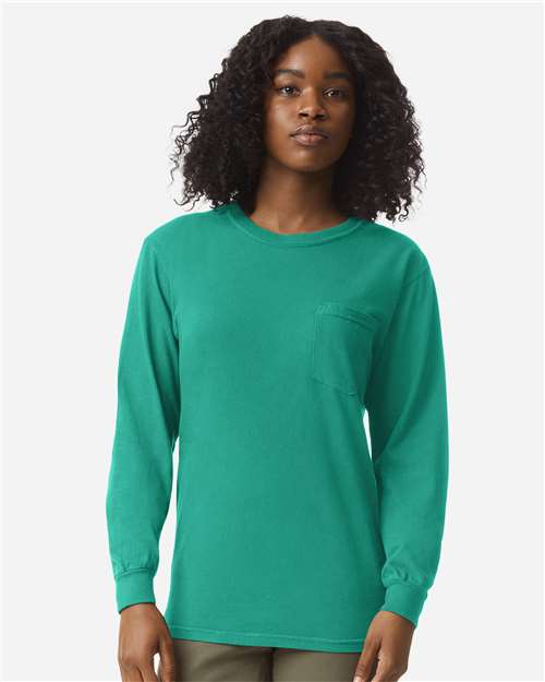 unisex garment-dyed heavyweight long sleeve pocket t-shirt - 4410